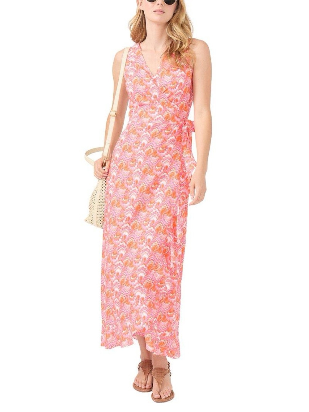 J.McLaughlin Cerise Pink & Orange Linen Cotton Blend Wrap Ruffle Dress size L